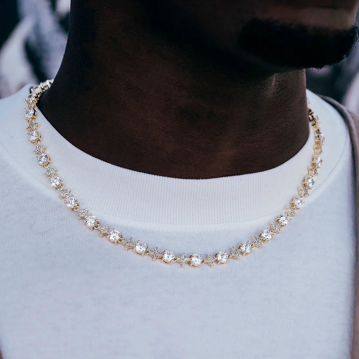 Round Stone Star Tennis Chain in (White Gold/Gold Plated)