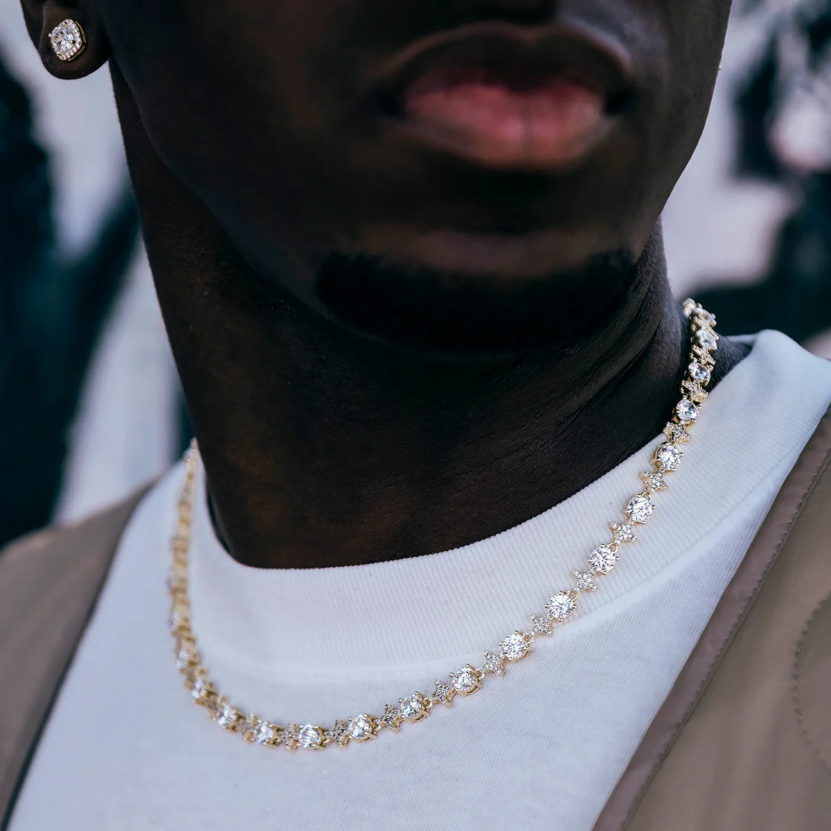 Round Stone Star Tennis Chain in (White Gold/Gold Plated)