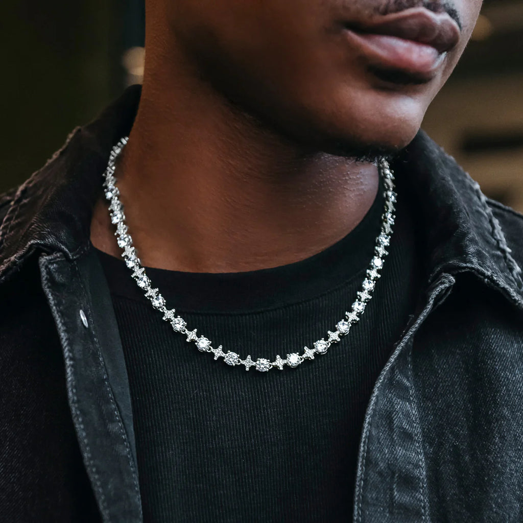 Round Stone Star Tennis Chain in (White Gold/Gold Plated)