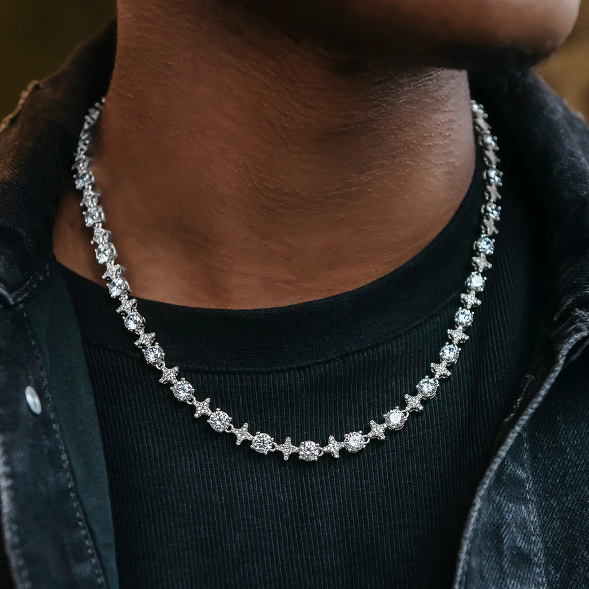 Round Stone Star Tennis Chain in (White Gold/Gold Plated)