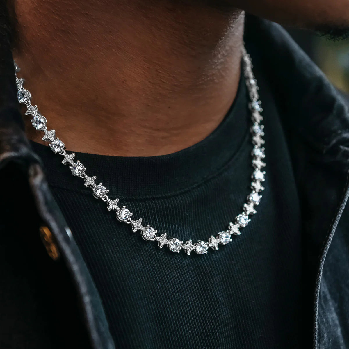 Round Stone Star Tennis Chain in (White Gold/Gold Plated)