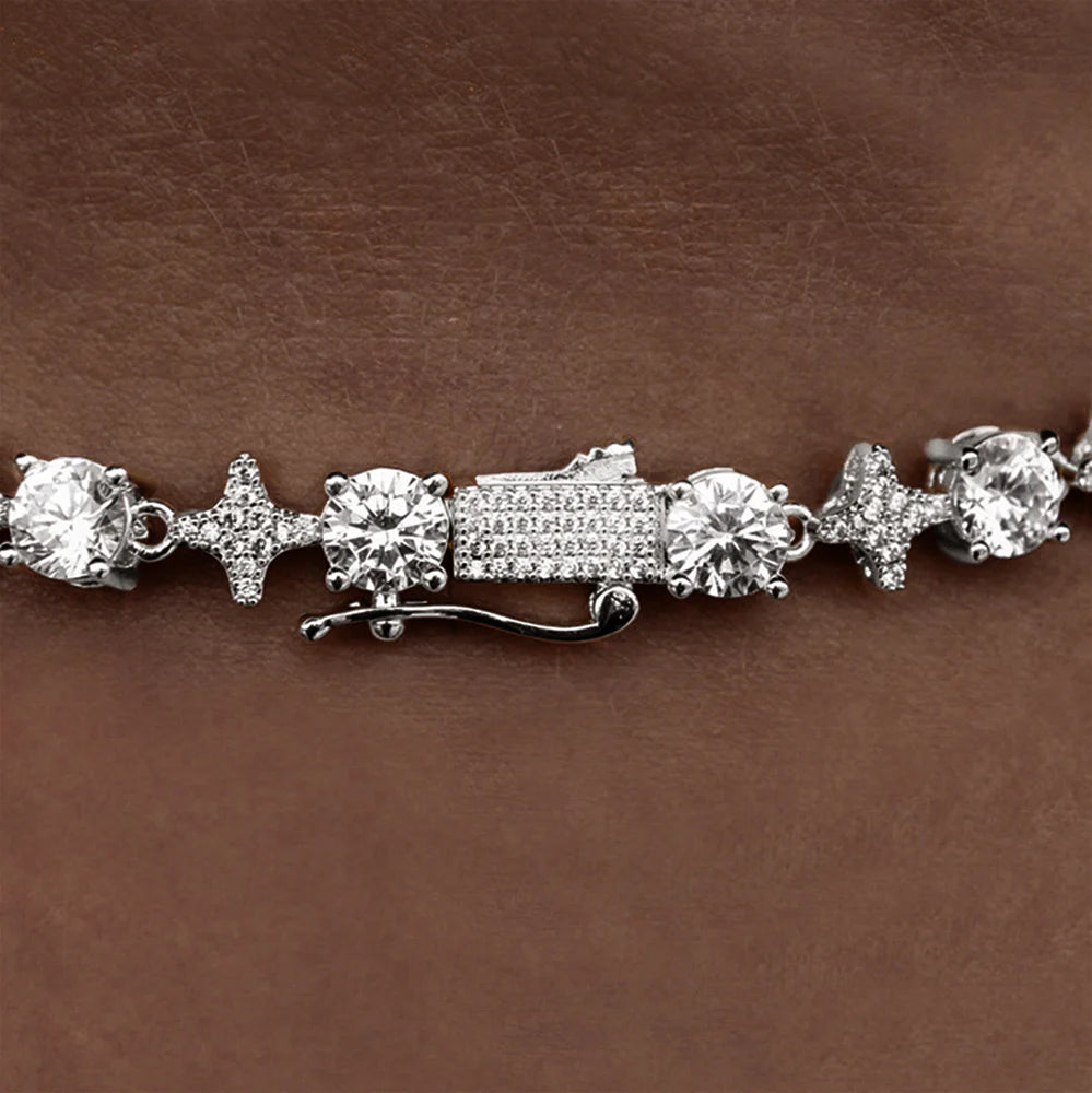 Round Stone Star Tennis Chain in (White Gold/Gold Plated)