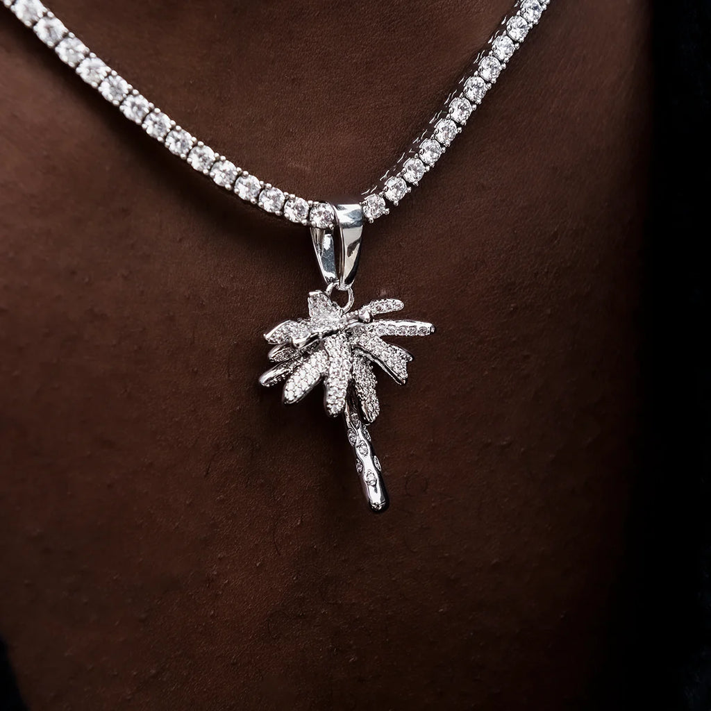 Iced Palm Tree Tennis Chain in White Gold