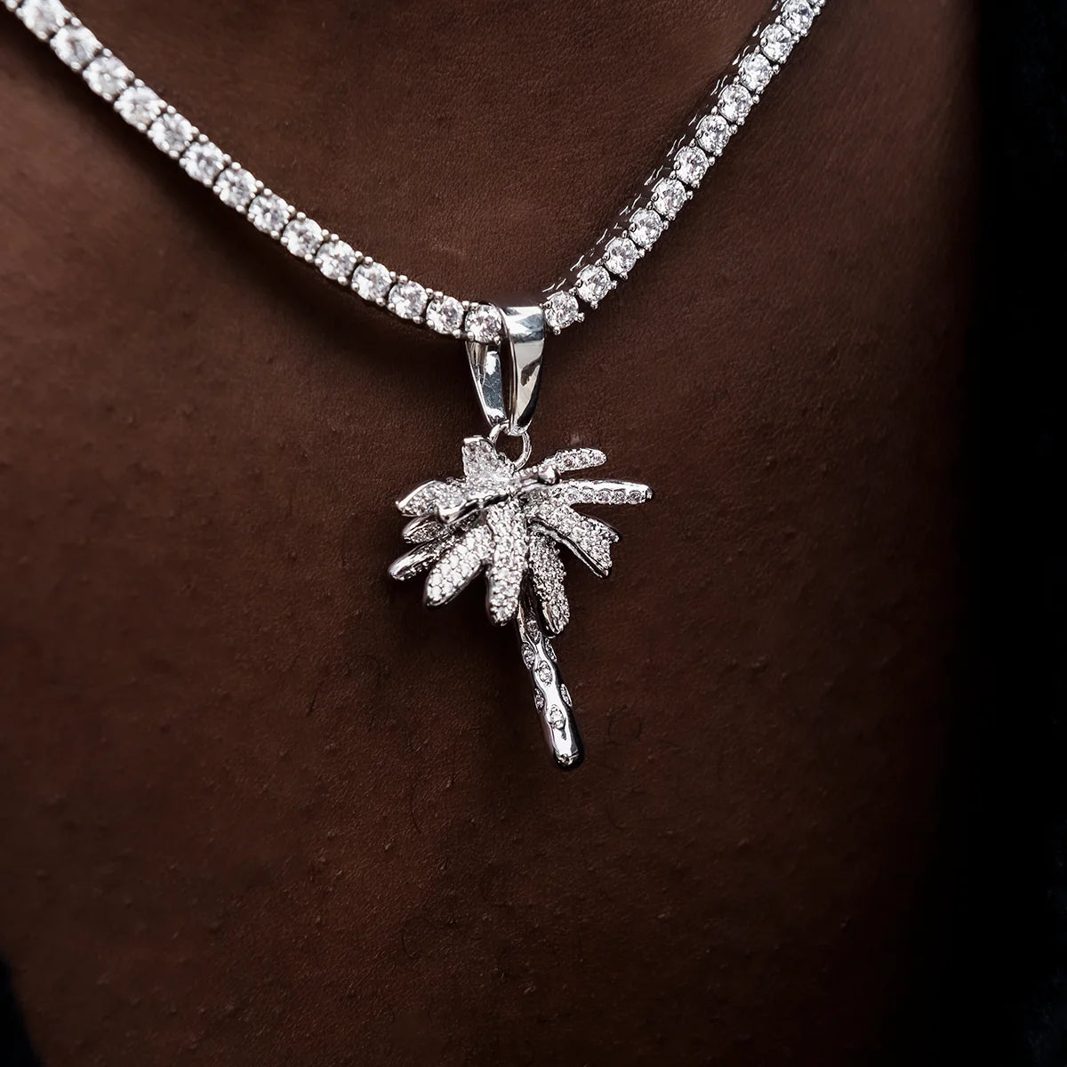 Iced Palm Tree Tennis Chain in White Gold