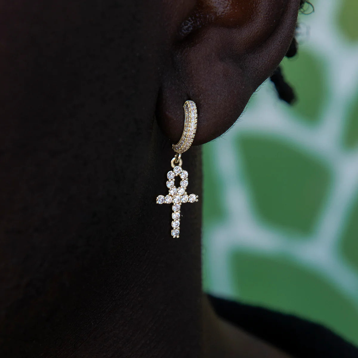 Iced Ankh Cross Huggie Hoop Earrings in Yellow Gold