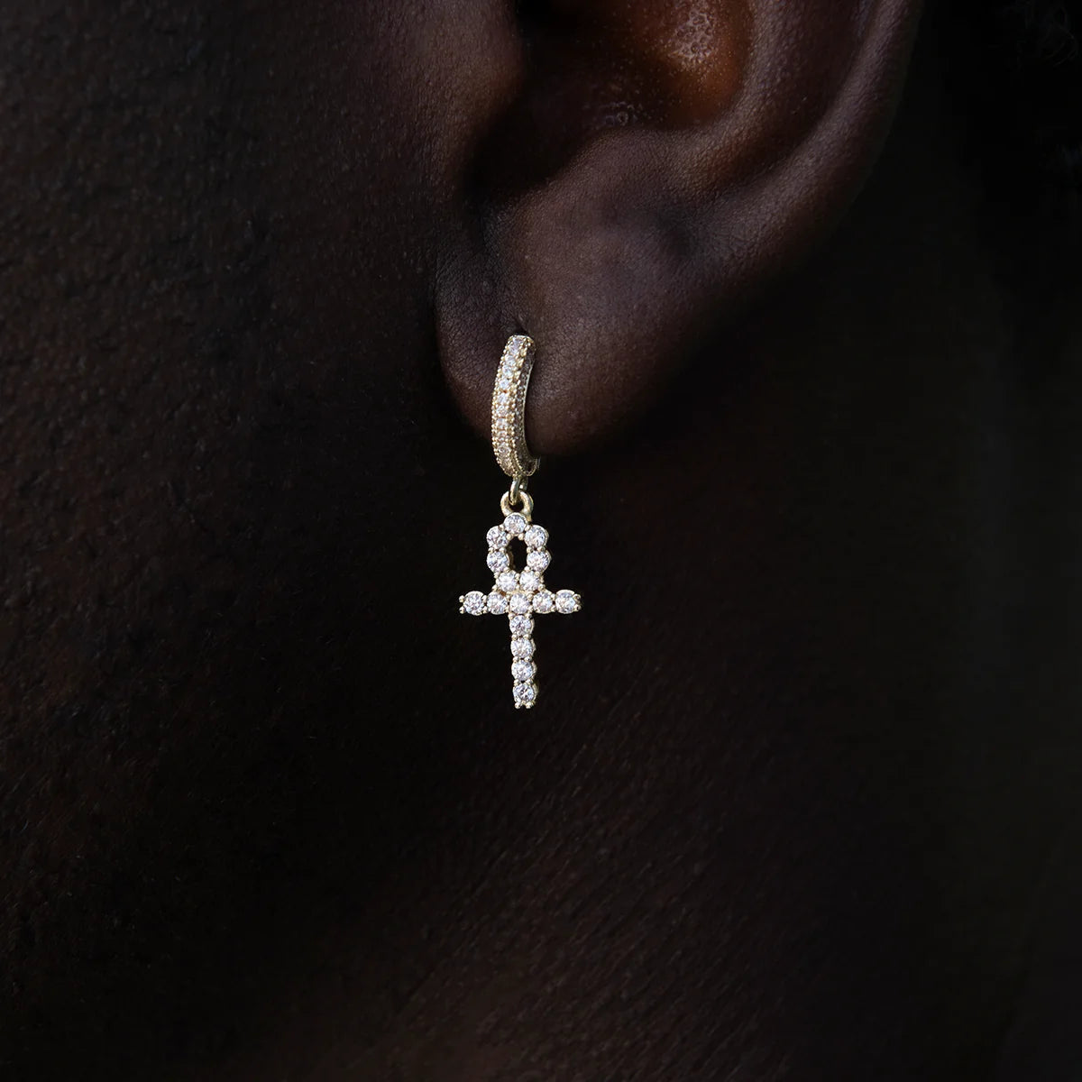 Iced Ankh Cross Huggie Hoop Earrings in Yellow Gold