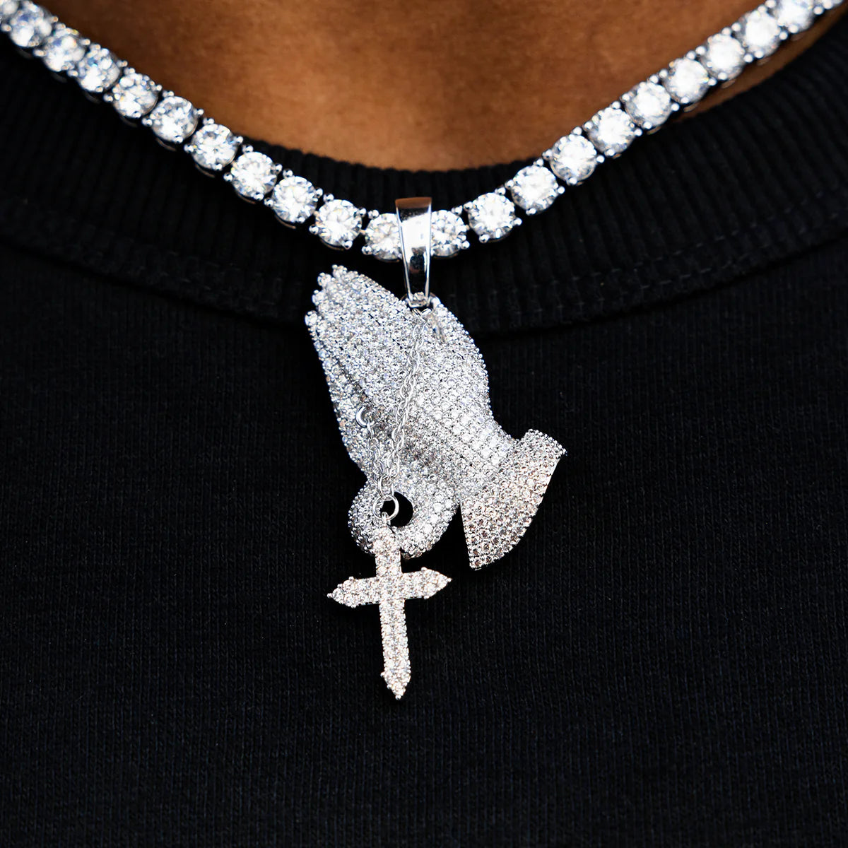 Iced Praying Hands Tennis Chain in White Gold