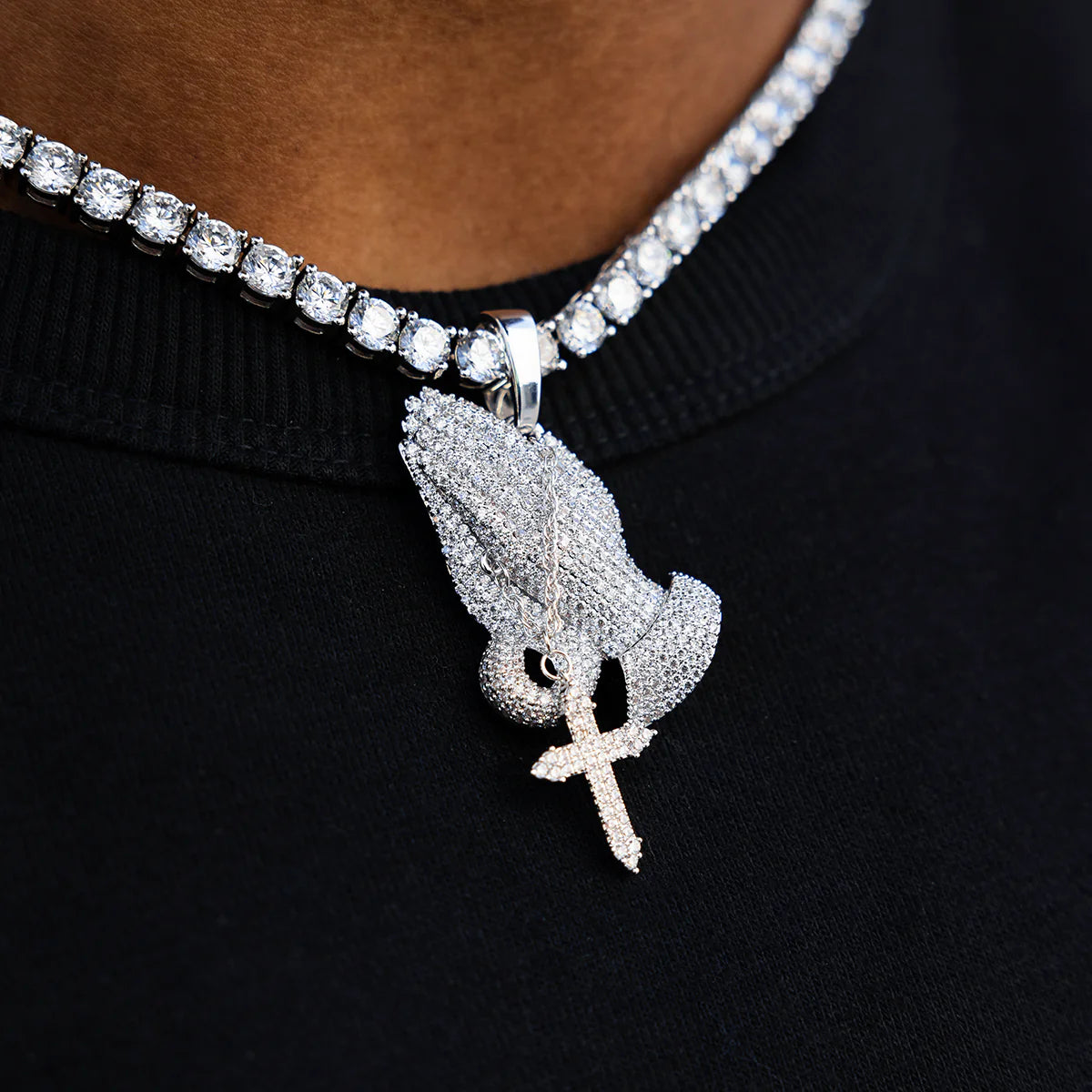 Iced Praying Hands Tennis Chain in White Gold