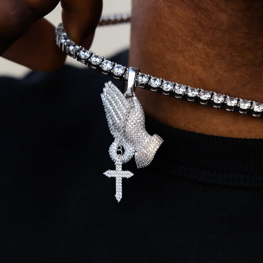 Iced Praying Hands Tennis Chain in White Gold