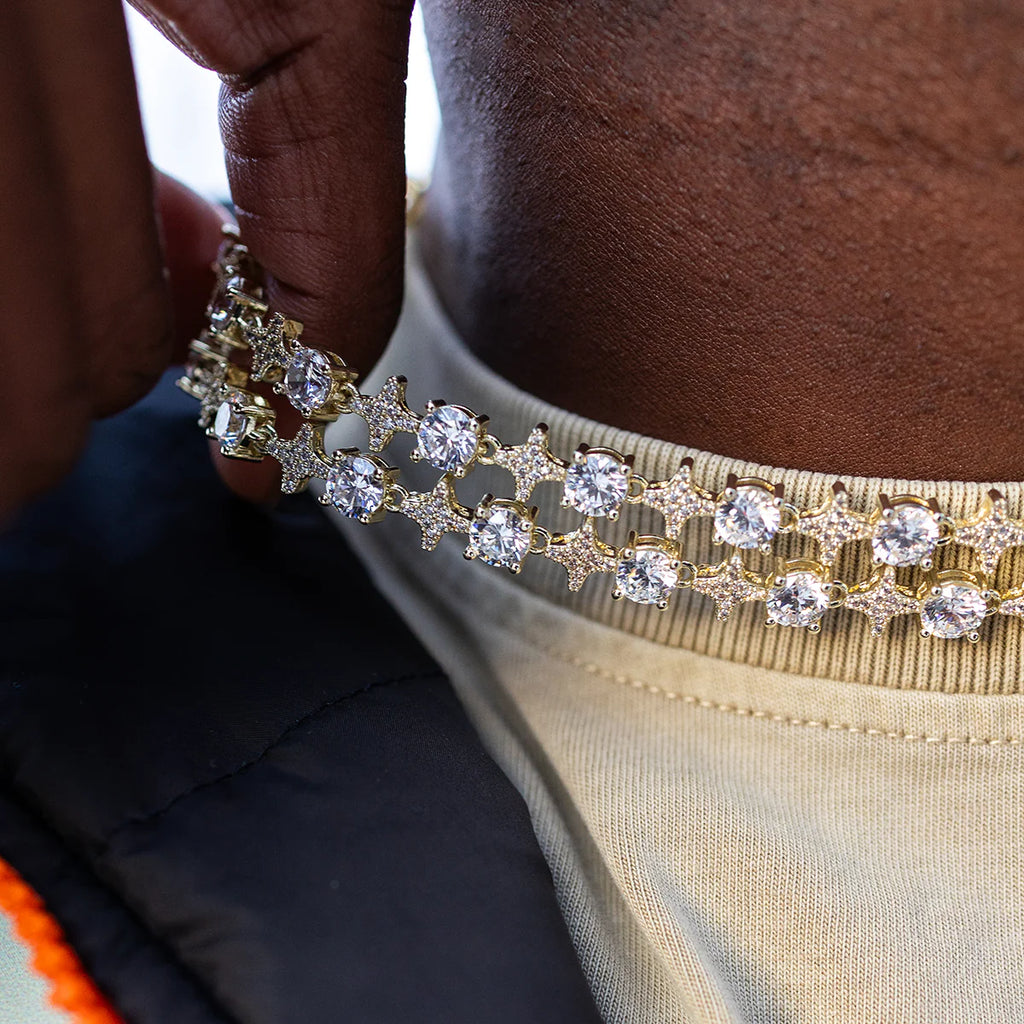 Round Stone Star Tennis Chain in (White Gold/Gold Plated)